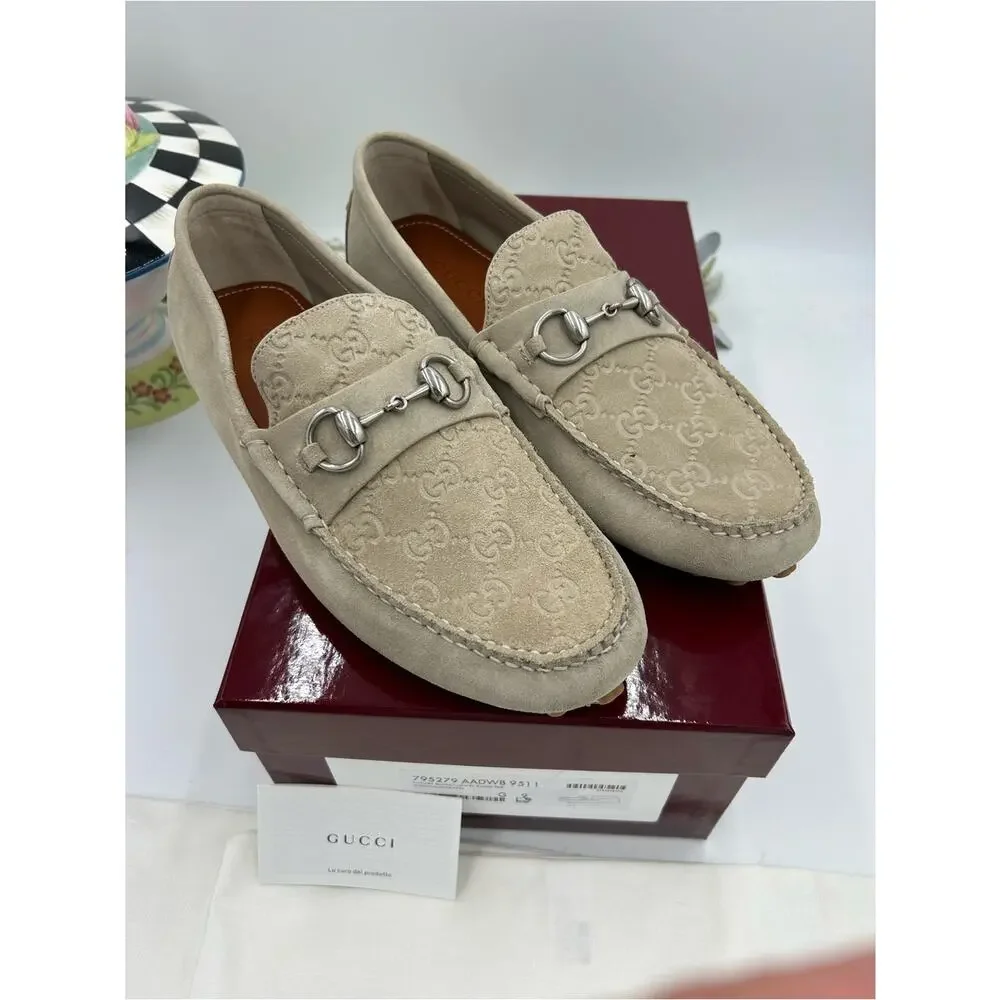 Men's Gucci suede oatmeal horse bit driver loafers size 9 fits 9.5US